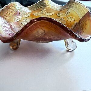 Vtg Carnival Glass Footed Two‎ Flowers Bowl Floral & Leaf Marigold Ball Footed